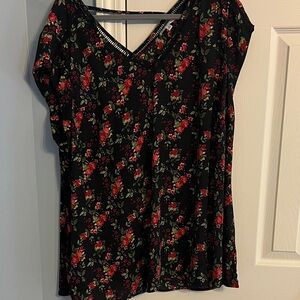 DR2 Black V-Neck Top with Red Floral Print